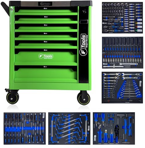 toolcar F Tools Werkzeugwagen mit 7 Schubladen, Werkstattwagen in Grün, Professioneller Rollwagen mit Werkzeugset