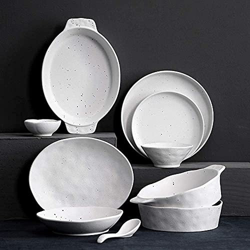40-Piece Ceramic Dinnerware Set Handmade Irregular Dot White Pottery Plates & Bowls Unique Porcelain Tableware Service for 6 Elegant Dining Collection