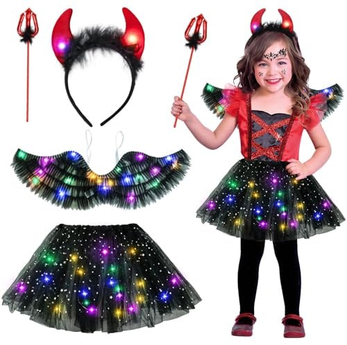 Aitsite Karneval Rock Teufelskostüm Mädchen, Leuchtende Kinder Teufels Kostüm, Karneval Kostüm Kinder Dark Angel, LED Tutu Tüllrock TeufelsKostüm, Tutu Rock mit Teufels Headband und Bull Gabel