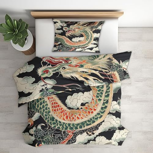 Generisch Bettwäsche 135x200 Japanischer Drache Design, 2teilig - Asiatische Chinesisch Bettbezug und 1 Kissenbezug 80x80, Wendebettwäsche, Schlafzimmer Deko, Mikrofaser, mit Reißverschluss K2P&146