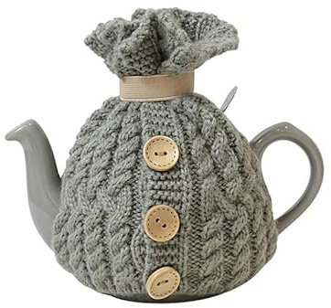 Cable‑Knit Tea Cosy for 2‑Cup 400‑600ml Teapot, British‑Style Insulated Teapot Warmer, Dual‑Use Elastic Neck Band & Decorative Front Buttons, Acrylic Teapot Cover，Gray
