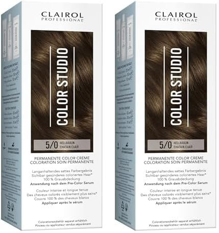 Clairol Professional Color Studio Permanente Haarfarbe Hellbraun 5/0 (110 ml) – mit Metal-Purifier für 6 x weniger Haarbruch, 10 Wochen sattes Farbergebnis & 100% Grauabdeckung – inkl. Haarkur