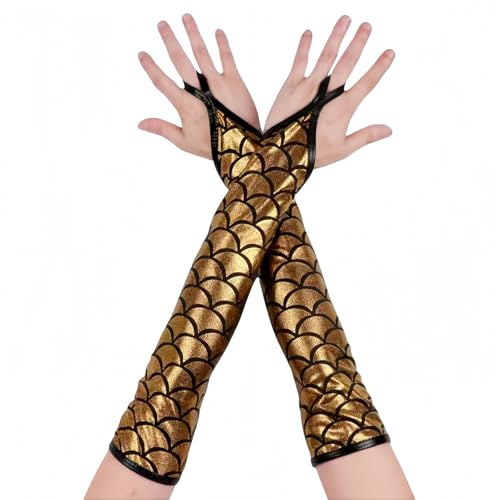 RuiChy Damen Fingerlose Metallic Handschuhe Fischschuppen glänzend ellenbogenlang Kostümhandschuhe für Abendpartys Maskenbälle Raves Bühnenauftritte Cosplay Tanzbekleidung Tanzkleidung, Gold