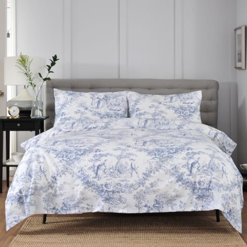 The Lyndon Company Toile De Jouy 100% Cotton Duvet Cover Set with Pillowcases, 200 Thread Count, Vintage French Bedding, Blue or Pink, Button Fastening, Soft & Breathable, All UK Sizes [BL-Ki]