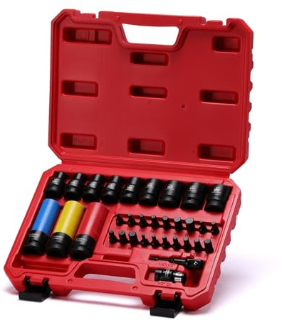 CASOMAN 33-Piece 1/2 Drive Shallow Impact Socket Set, 10-22mm, Include 19 x S2 Power Bits, 3 x Wheel Protector Impact Socket-17,19,21mm, Bit Drill Adapter, CR-MO, Automotive Area