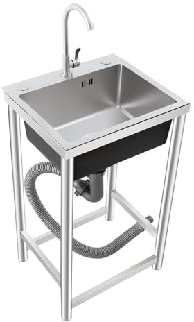 TCICOP Edelstahl Spültisch Outdoor Spüle 45x40x22cm, Freistehende Camping Spüle mit 360° Wasserhahn, Multifunktionswaschtisch, für Garten Terrassen bis 50KG, 1 Becken