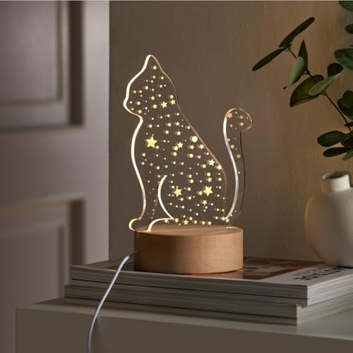 3 Pagen® LED Leuchte Katze – Nachtlicht mit Holzsockel – Katzensilhouette mit beleuchteten Sternen – stimmungsvoll & originell – Materialkombination aus Acryl & Holz – ideal für Katzenfans