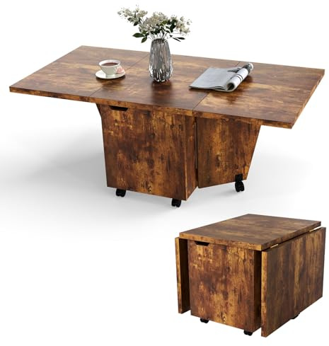 COSTWAY Folding Coffee Table, Drop Leaf Extendable Center Table with Storage Door Cabinet and Wheels, 120cm Rectangular Rolling Accent Sofa Side Tea Tables for Living Room, Small Spaces (Rustic Brown)