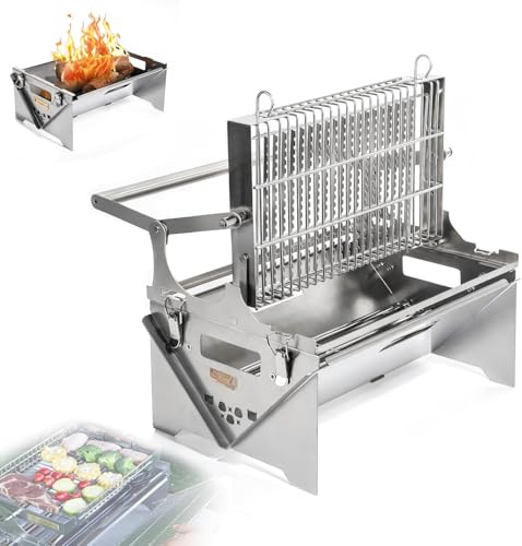 Parrilla de carbón, rotación de 360° con bandeja extraíble y marco de acero ajustable, parrillas de barbacoa de acero inoxidable para picnic y fiesta en el patio