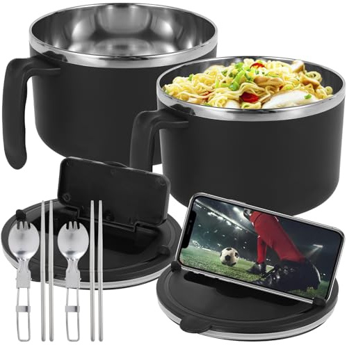 2Pcs 1200ml Rapid Ramen Bowl with Strainer Lid, 304 Stainless Steel Noodle Bowl with Spoon Chopsticks, BPA Free Ramen Cooker Bowl with Phone Holder, Dishwasher Safe for College Dorm Home Office