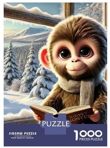 Monkey 1000 Piece Recycled Jigsaw Monkey Reading A Book in Snowy Forest Puzzle for Adults Reusable Stress Relief Challenging Brain Teaser 52x38cm/1000pcs