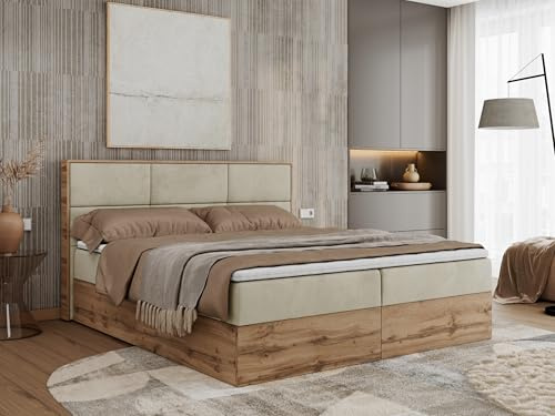 MKS MEBLE Boxspringbett Albero 2-180x200 cm mit Bettkasten, Kontinentalbett/Doppelbett, 2X 7-Zonen Taschenfederkern-Matratze H3, Topper Visco, Kopfteil, Beige Velvet Holzoptik Wotan Eiche