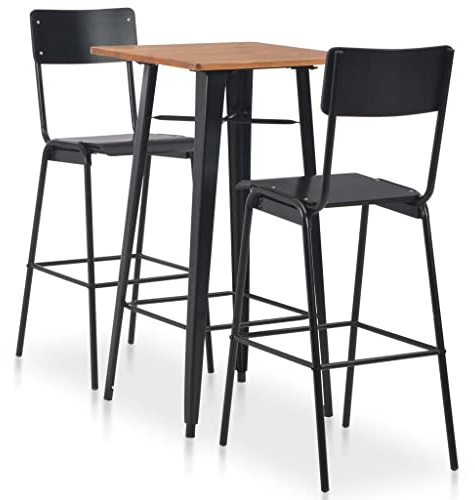 Hoopleep 3 Piece Bar Set, Black Powder-Coated Steel Frame & Solid Pine Wood Tabletop, Stackable Plywood Bar Chairs, Compact Dining Table Set for Small Kitchen, Apartment Room