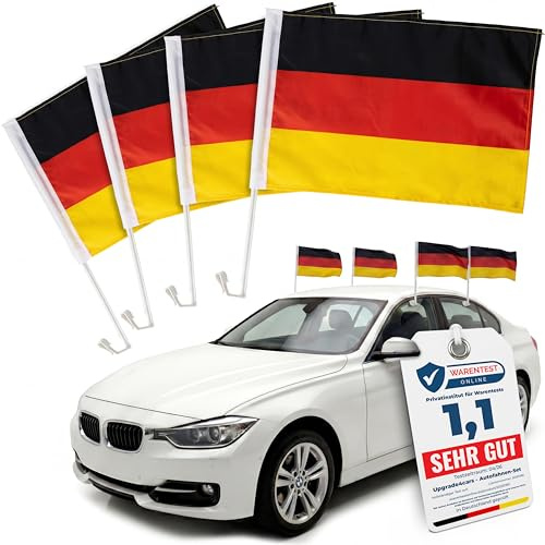 Upgrade4cars 4 x Deutschland Autofahne Fußball 45x30 cm Zubehör | Autoflagge Schwarz Rot & Gold | Fanartikel | Extra starke Befestigung für sicheren Halt | Sommer & Winter