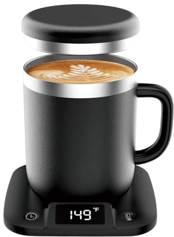Self Heating Coffee Mug Warmer Set, Electric Heated Mug with 5 Temperature Settings & Timer, PD Powered Stainless Steel Thermal Cup for Office Home Desk Use Gift(Black-17oz)