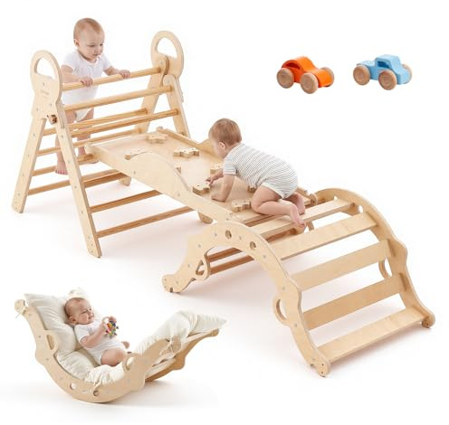 VEVOR Pikler Triangle Set, 9-in-1 Toddler Climbing Toys Indoor, with 2 Wooden Cars, Cushion, Triangle, Arch, and Ramp, 150 lbs Load, Foldable Montessori Climbing Set for Toddlers and Kids, Wood Color