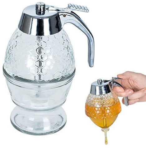 orion group Distributeur de Miel et Sirop en Verre, Pot à Miel avec Support