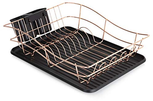 Tower T81400RB Dish Rack with Tray and 2 Removable Cutlery Holders, Stainless Steel, Black and Rose Gold, Large