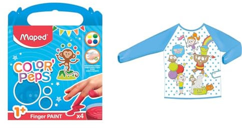 Maped Color'Peps 4 Pots de Peinture Doigt pour Bébé et Enfant dès 1 an & Color'Peps Tablier de Protection pour Enfant de 18 mois à 5 ans - Peinture et Loisir Créatif - Imperméable