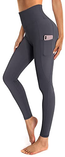 OUGES Damen Sport Leggings High Waist Leggins Yogahose Blickdichte Sporthose mit Taschen (Grau,M)