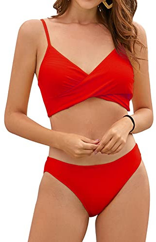 SHEKINI Damen Bikini-Set Crossover Design Bikini Gerippt Neckholder Oberteil Verstellbarer Schultergurt Badeanzüge Zweiteiliger Triangle Bikinihose Bademode (M, Rot)