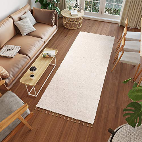 TAPISO Versay Fransen Teppich Läufer Shaggy Hochflor Langflor Modern Einfarbig Design Creme Wohnzimmer Schlafzimmer Küche ÖKOTEX 100 x 400 cm