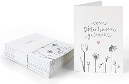 25 Geschenkanhänger - vom Osterhasen gebracht - Ostergrüße in Weiß mit Blumen, originelle Mini Osterkarten zum Ostergeschenke Beschriften, edel exklusiv individuell, A7 Recyclingpapier Klappkarten