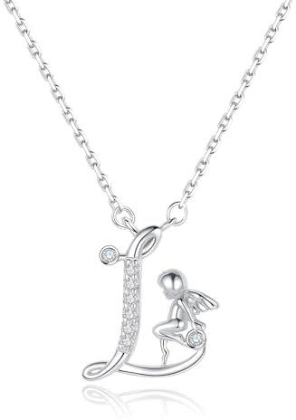 VIKI LYNN Collier Initiale pour Femme en Argent Sterling 925 Alphabets Lettre L et Collier Ange