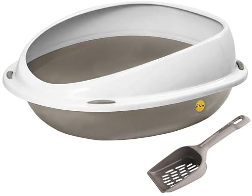 CAT CENTRE Grey Large Cat Open Litter Tray With Rim +Litter Scoop Bundle Kitten Pet Toilet Plastic Loo Pan Box Set Anti-Spillage Lowered Entry Step Rounded Corners Detachable Rim Easy Cleaning
