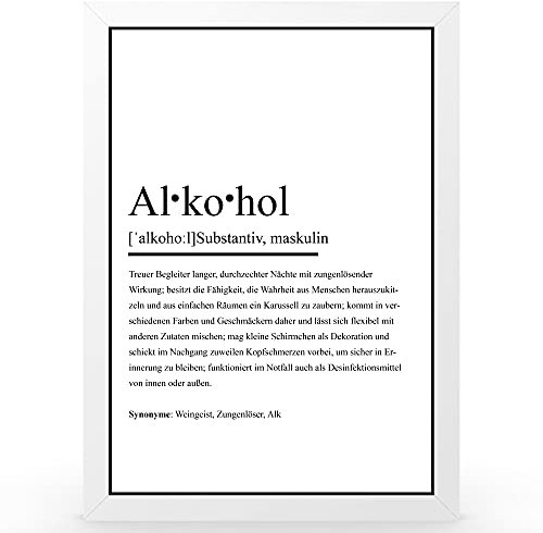 Urhome DIN A4 Kunstdruck Definition Alkohol inkl. Rahmen Weiß - Worterklärung wie im Duden Lexikon als Wanddeko Spruch-Poster Deko Wandbild mit Spruch gerahmt für Wohnung Familie Geschenk