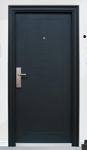 Porta Blindata 90x197 Con Maniglia In Acciaio Inox Spioncino Anta Giunzioni E Protezioni Portone Blindato Grigio Opaco P8 (Apertura interna destra)