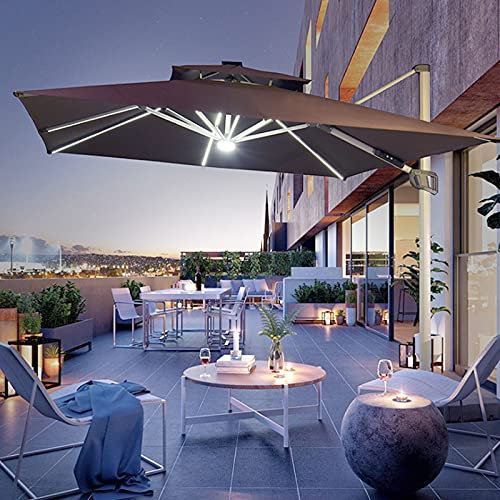 Parasol de Jardin Décentré avec Ampoules LED Alimentées Par L'énergie Solaire, Parasol Déporté en Polyester Imperméable avec Socle, Protection Upf 50+, Manivelle, Jardin, Piscine,Marron,2.5m