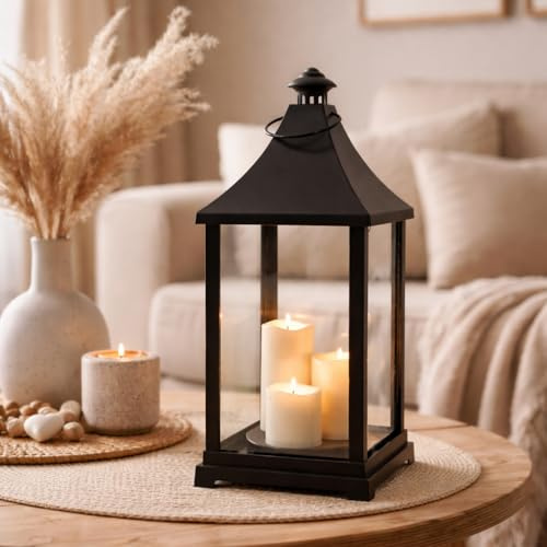 Mojawo Außen XXL Windlicht Stalllaterne Laterne Gartenlaterne + 3 LED Kerzen Timer Kunststoff H59xB24cm