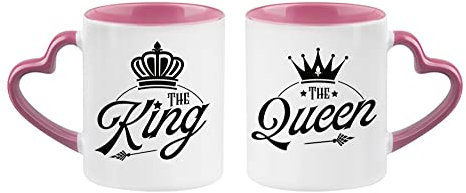 Couples Theme Coffee Mug Set The King The Queen Valentines Day, Birthday, Wedding, Anniversary, Him-Her Unique Ceramic Heart Handle Coffee Mug. (Pink)