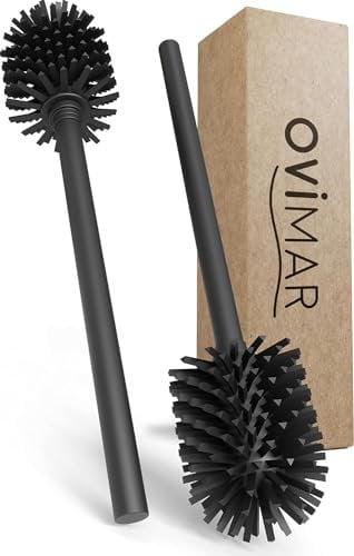 ovimar Ersatzbürste Lindoya | Set 2 Stiele und 2 Bürstenköpfe | Schwarz | Griff in Edelstahl | Klobürste mit Silikon Bürstenkopf in schwarz, wechselbar | geeignet für Gefäße mit 7,5-8,5cm Ø