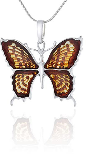 AMBEDORA Damen Schmetterling Halskette die Königin von Kleiner Perlmuttfalter mit Bernstein, Baltische Kirsche Bernstein, Poliertem Sterling Silber, Silber Anhänger mit Kette