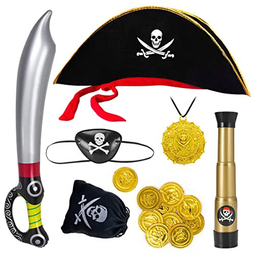 Aurasky Piraten Kostüm zubehör Kinder 7-teilig,Piratenhut Augenklappe Fernrohr Piratensäbel Totenkopfbeutel Goldenen Münzen für Kinder,Pirat Kostüm Zubehör Jungen und Mädchen für Fasching Karneval