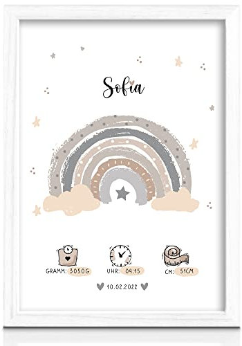 Milaboo® personalisiertes Geburtsposter A4 Regenbogen I Kinderzimmer Deko I personalisierte Geschenke Baby (beige ohne Bilderrahmen)