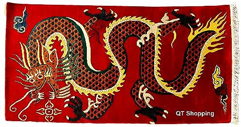 QT Handgetufteter tibetischer Drachen-Wollteppich, Yogamatte, orangefarben, handgetuftet, Flächenteppich, Drache, bedruckt, Neuseeland, Wolle, rechteckig, 100 Knoten, handgefertigt in Nepal