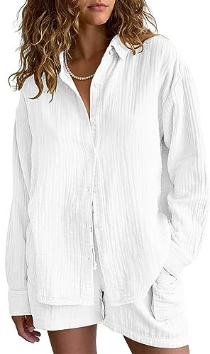 Famulily PopuläR Damen Freizeitanzug 2-Teilig Sommer Kurz Shorts und Bluse Set Musselin Schlafanzug Lang Weiß S