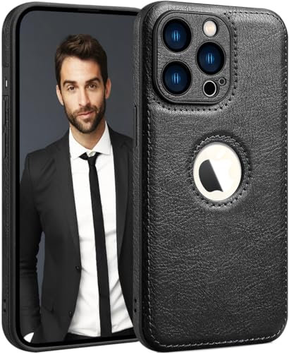 SOUTEM PU Leather Case for iPhone 15 Pro,Full Camera Lens Protection Cover,PU Leather Slim Luxury Business Non-Slip Grip Rugged Shockproof Full Body Protective Case for iPhone 15 Pro(Black)