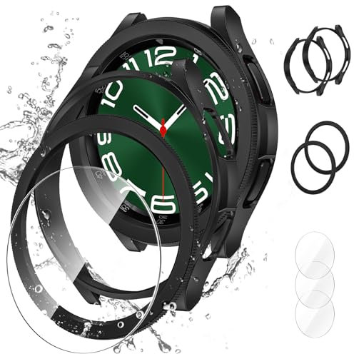 Neitra [2+2+3 Pack 3 in 1 for Samsung Galaxy Watch 6 Classic 47mm Case and Screen Protector,3 Pack HD Anti-Fog Tempered Glass Screen Protector + 2 Pack Hard PC Bumper Case + 2 Pack Bezel Ring Cover