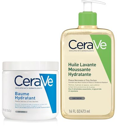 Lot de CeraVe Soins Corps Baume Hydratant 562ml | Crème Hydratante Corps, Visage à l'Acide Hyaluronique + CeraVe Huile de Douche Lavante à l'Acide Hyaluronique pour Peaux Normales à Très Sèches 473 ml