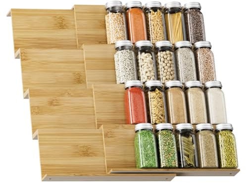 Exabang 8er-Set Gewürzregal Schublade, Gewürz Organizer Schublade Ordnungssystem von 30cm bis 60cm Ausziehbar, Spice Rack Gewürzregale für Küchen, Schrank, Arbeitsfläche (Natur)
