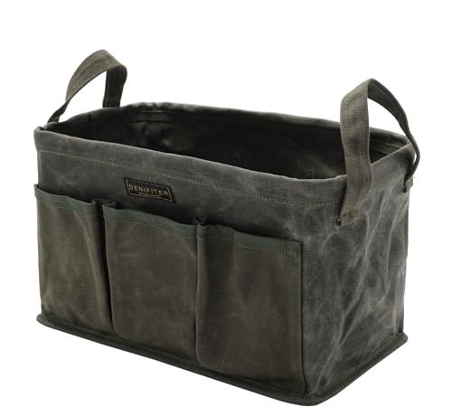 Tool Bag for Organizing, Waxed Canvas Wide Open Top Tool Tote Bag with 6 External Pockets, 13.8 x 7.8 x 7.8 Inches (ArmyGreen)