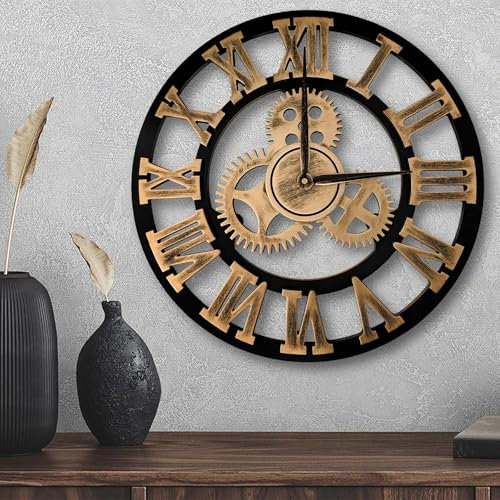 ALEENFOON Uhr Leise Wanduhren, 3D Gear Vintage Industrial Silent Nicht tickend Arabische Ziffern hängende Uhr für Wohnzimmer Küche Ohne Tickgeräusche Innenuhr (Roman Numerals, 40CM)