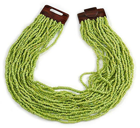 Avalaya Collana multifilo con perline di vetro verde lime con chiusura in legno, lunghezza 56 cm