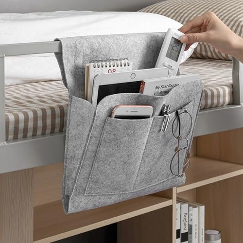 Zhongtou Betttasche Filz Bett Organizer zum Einhängen Anti-Rutsch Sofa Organizer Nachttisch Bett Tasche zum Anhängen Filztasche Hängeaufbewahrung für Zeitschriften Handy Fernbedienung (Hellgrau)