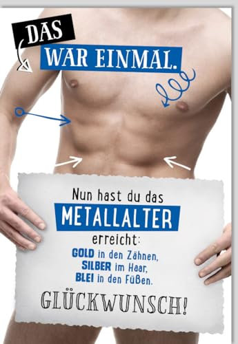 Lustige Geburtstagskarte mit Sixpack-Motiv und humorvollem Spruch über das Metallalter - perfekt für ihn, inklusive Umschlag.