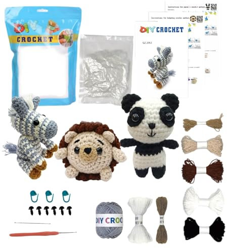 GZBZTZ Anfänger-Häkelset mit Schritt-für-Schritt-Video-Tutorial, Tier-Häkelset, Zebra, Panda, Igel